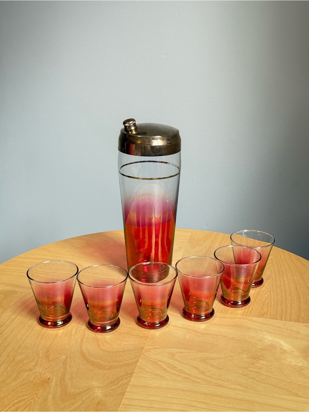 Set of 6 Glasses Cocktail Shaker Vintage Cranberry Pink Glass Barware by Blendo